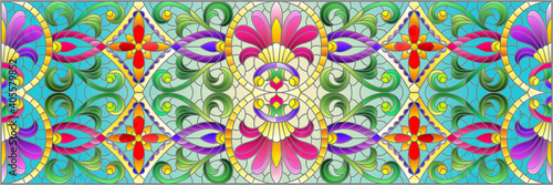 Illustration in stained glass style with abstract flowers, leaves and curls on a blue background, rectangular horizontal image