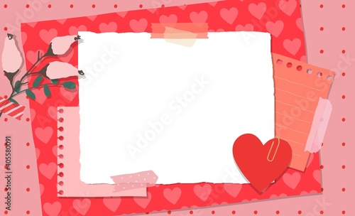 Scrapbook composition with notes paper, tapes, flowers elements and heart sticker. Page for valentine greeting card. Banner with place for text