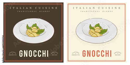 Gnocchi pasta on plate vintage illustration