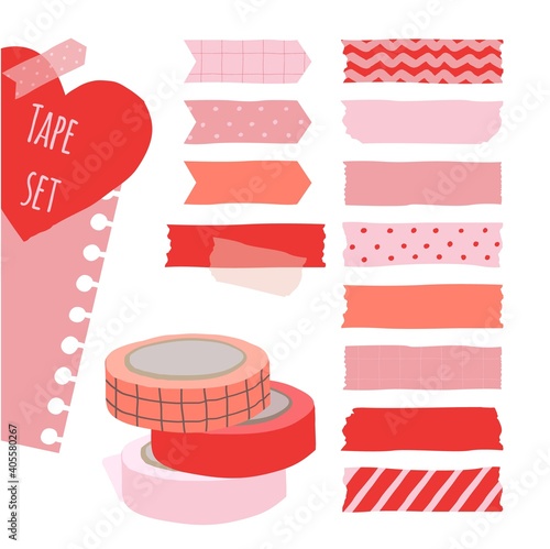 Set of cute colorful hand drawn masking tape, blank tags label stickers with patterns in red and pink colors as design elements for decoration valentine card.