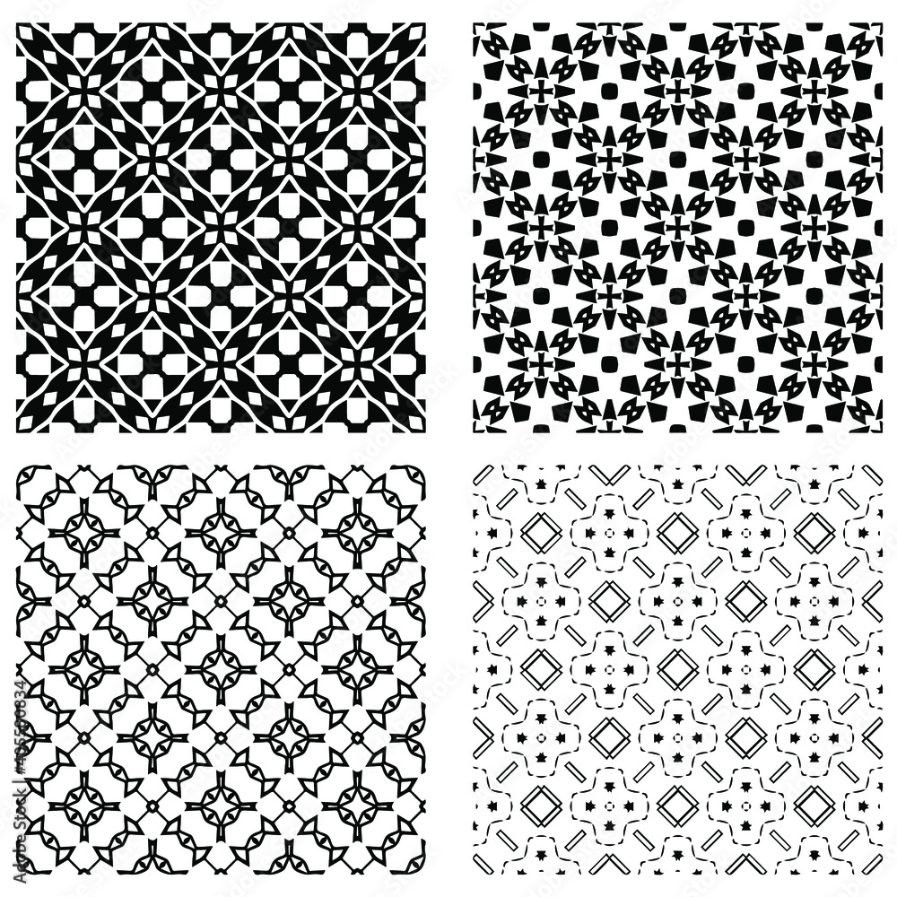 Set of four black and white seamless hand drawn texture designs for backgrounds, vector illustration.