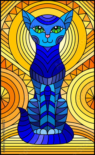 Illustration in stained glass style with abstract geometric blue cat and the sun on an abstract orange background, rectangular image
