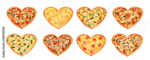 Set of eight heart pizzas with different ingredients isolated on white background. Possible gift for Valentines day. Basil leaves are around