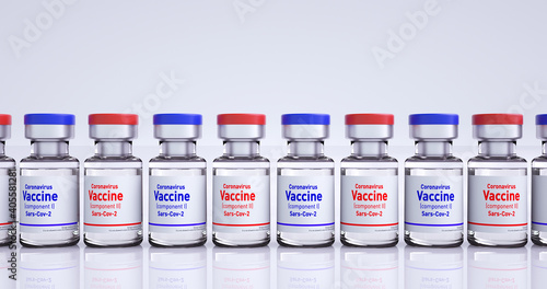 Sputnik 5 russian COVID-19 vaccine bottle 3D render . Label translation: Gam-COVID-Vac (Component 1-2), liquid for intramuscular administration, release date, storage conditions 18 degrees Celsius 