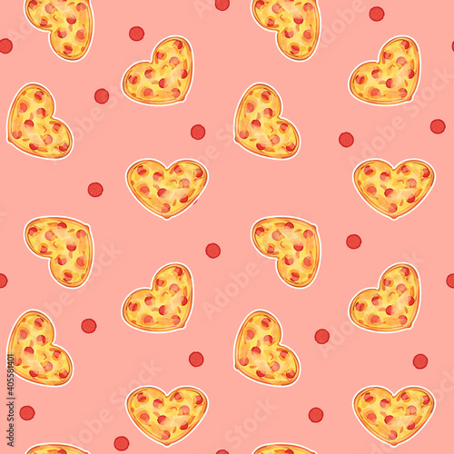 Seamless repeat pattern of Heart shaped pizza with sausage and cheese on pink background. Red pieces of smoked sausages salami are around