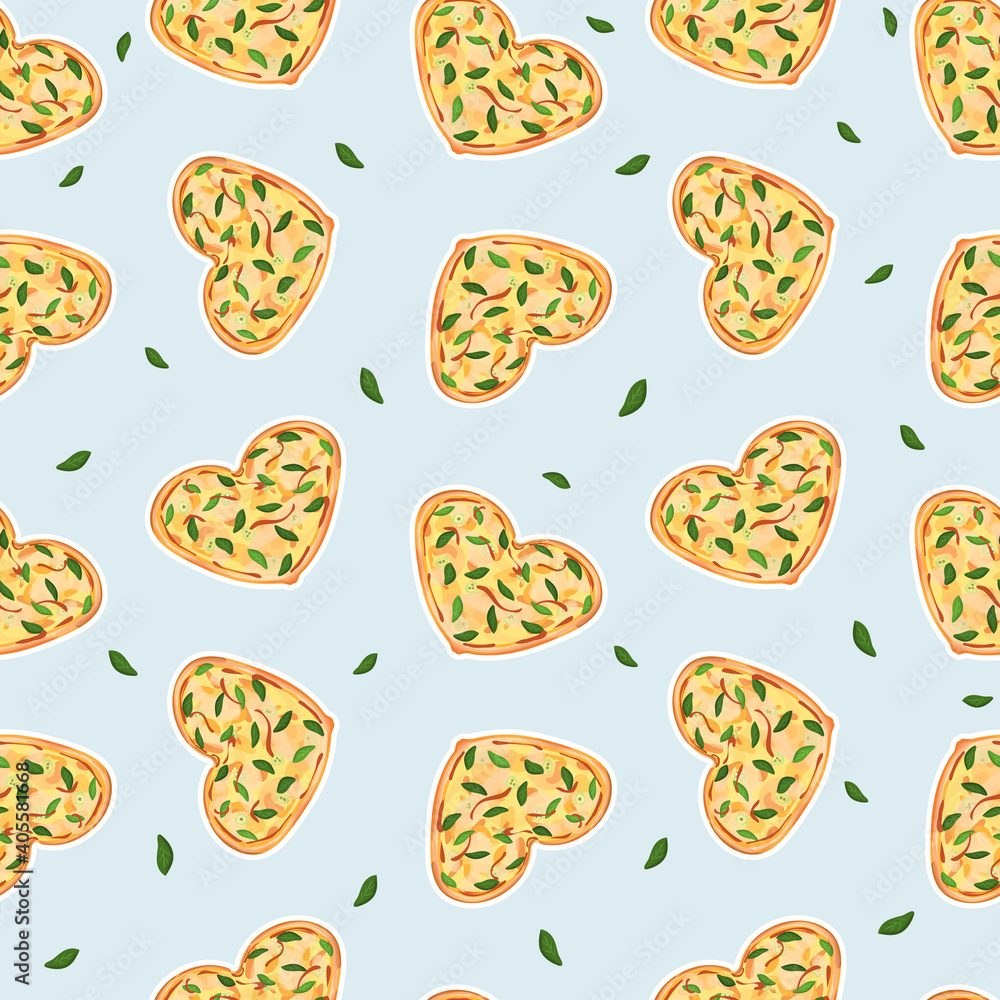 Seamless repeat pattern of Yellow Heart shaped pizza with cheese and basil. Blue background, green leaves are around Seamless repeat pattern of Yellow Heart shaped pizza with cheese and basil. Blue background, green leaves are around
