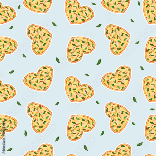 Seamless repeat pattern of Yellow Heart shaped pizza with cheese and basil. Blue background, green leaves are around