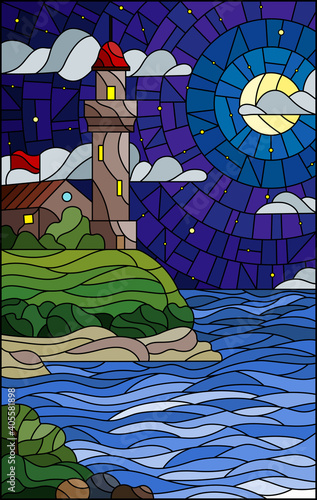 Illustration in stained glass style with seascape, lighthouse  on a background of sea and starry night sky with moon