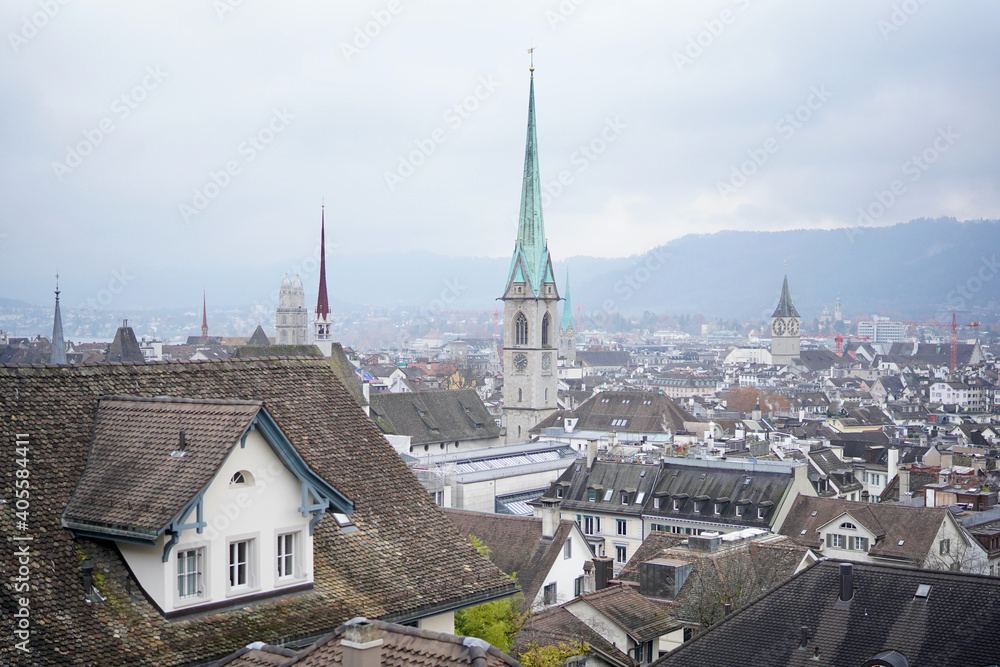 Panorama view of old downtown of Zurich, Switzerland, with the four main protestant churches.