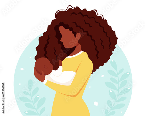 Black woman with baby. Motherhood, parenting concept. Mother's Day. Vector illustration.