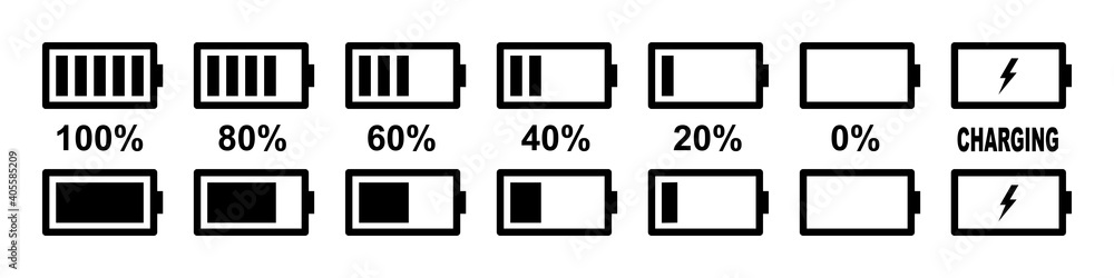 Set of battery charge level indicator. Battery icons with charge level. Alkaline battery capacity charge. Vector illustration.