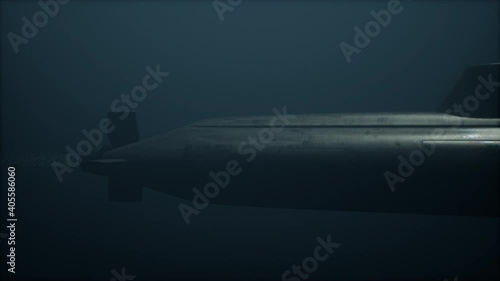 Submarine passes underwater in deep murky ocean. 3D Animation.