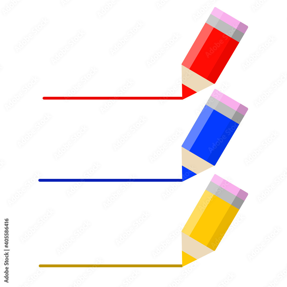 Set of colored pencils. Children Hobbies and entertainment. Red, blue and yellow stationery. Flat cartoon. Icon for creativity and drawing Set of colored pencils. Children Hobbies and entertainment. Red, blue and yellow stationery. Flat cartoon. Icon for creativity and drawing