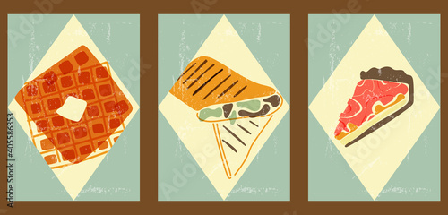 Vibrant vintage posters with delicious food. Fast food illustrations for interior design, cafes, menus, social networks, advertising. Minimalist backgrounds with waffles, shawarma, pie.