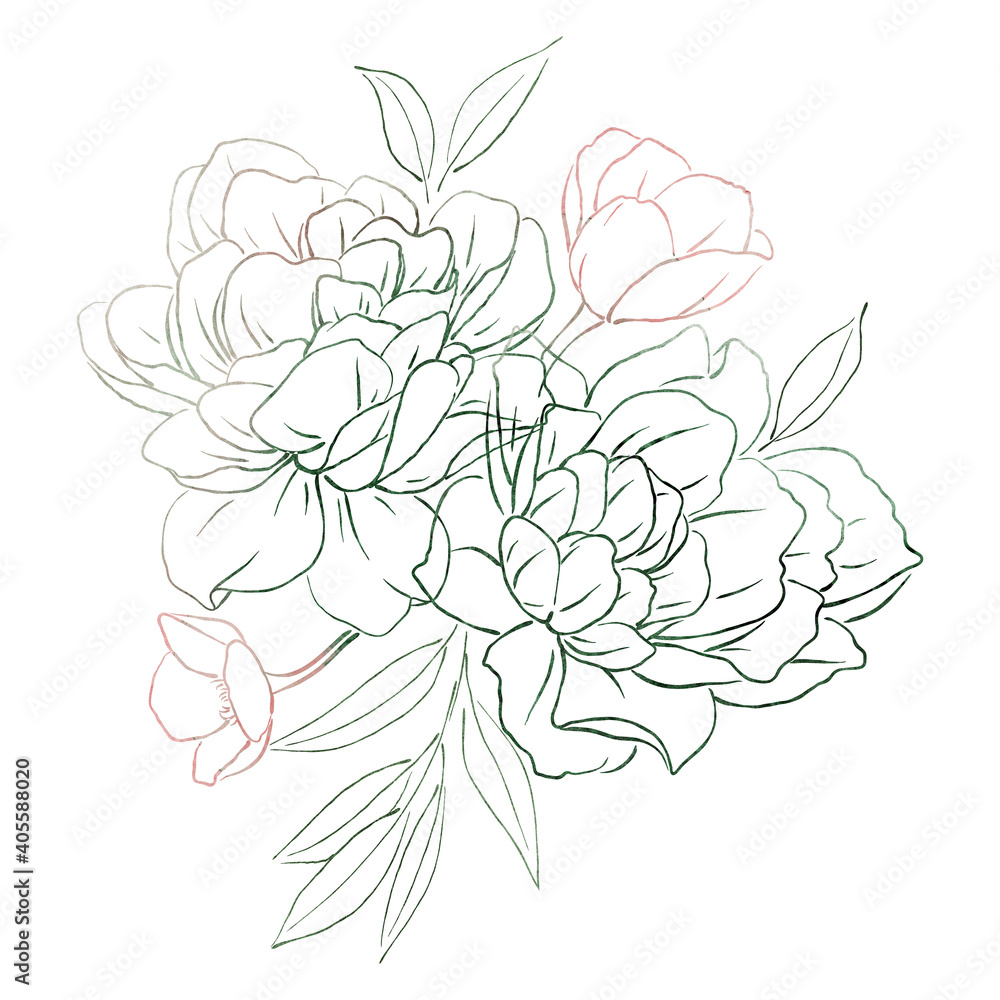 line art, Bouquet of flowers, can be used as greeting card, invitation card for wedding, birthday and other holiday and summer background. Watercolor illustration line art, Bouquet of flowers, can be used as greeting card, invitation card for wedding, birthday and other holiday and summer background. Watercolor illustration