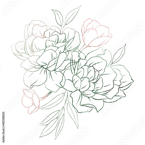 Wallpaper Mural  line art, Bouquet of flowers, can be used as greeting card, invitation card for wedding, birthday and other holiday and  summer background. Watercolor illustration Torontodigital.ca