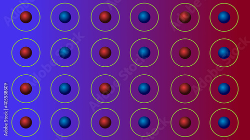 Red and blue spheres in white circles on colored background illustration.