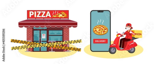 A courier in a medical mask and gloves on a motorcycle delivers pizza. Restaurants are closed. COVID-19. Quarantine in the city. Coronavirus epidemic. Stay home concept. Vector illustration