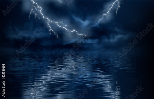 Abstract fantasy night landscape. Reflection in water, island, rocks. Futuristic shapes, neon light, lightning, thunderstorms. Dark clouds, dramatic landscape.
