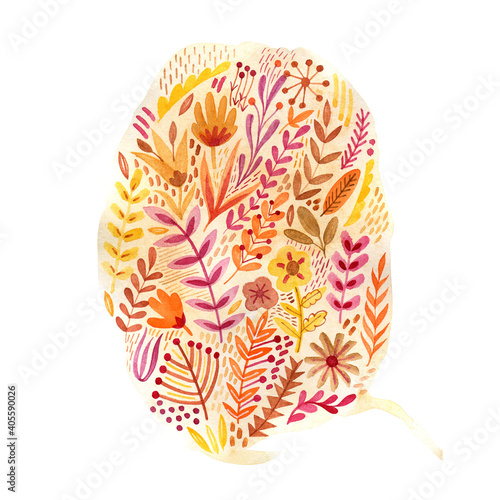 Oval watercolor orange spot. Composition of flowers and plants.
