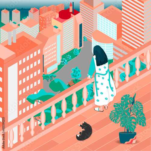 Illustration with a girl looking at the city from a terrace. A young woman is wearing a robe and slippers and leans on a railing. There is a houseplant on the balcony and a cat is sleeping.