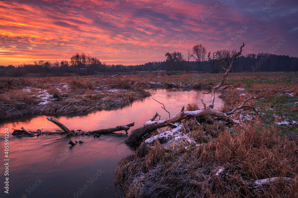 Picturesque morning by the Jeziorka river near Piaseczno, Masovia, Poland