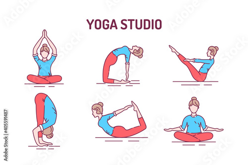 Yoga color line icons set. Different yoga poses and asanas. Pictogram for web page, mobile app, promo. UI UX GUI design element. Editable stroke.