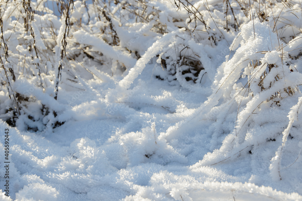 Hoarfrost background texture. Fresh ice and snow winter backdrop with snowflakes and mounds. Seasonal wallpaper. Frozen water geometrical shapes and figures. Cold weather atmospheric precipitation. Hoarfrost background texture. Fresh ice and snow winter backdrop with snowflakes and mounds. Seasonal wallpaper. Frozen water geometrical shapes and figures. Cold weather atmospheric precipitation.