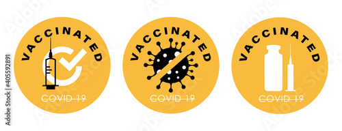 Vaccinated Stamps. Covid-19 vaccine. Flat vector logo.