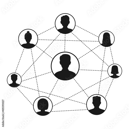 Social network scheme connecting people. Abstract social network world connect people icons relationship vector illustration isolated on white.