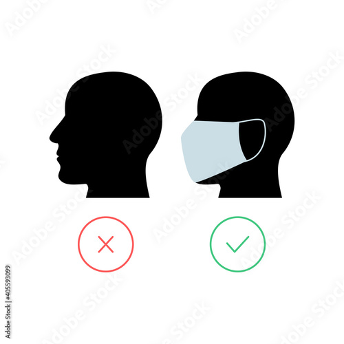 Men head with protective mask. No entry without face mask icon. Coronavirus concept. Vector isolated on white.