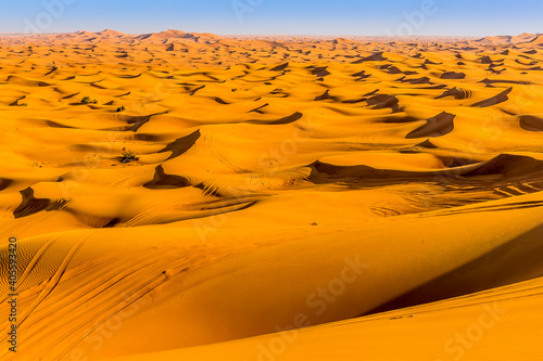 Lines of Seif dunes stretch to the horizon in the Arabian red desert at Hatta near Dubai, UAE in springtime