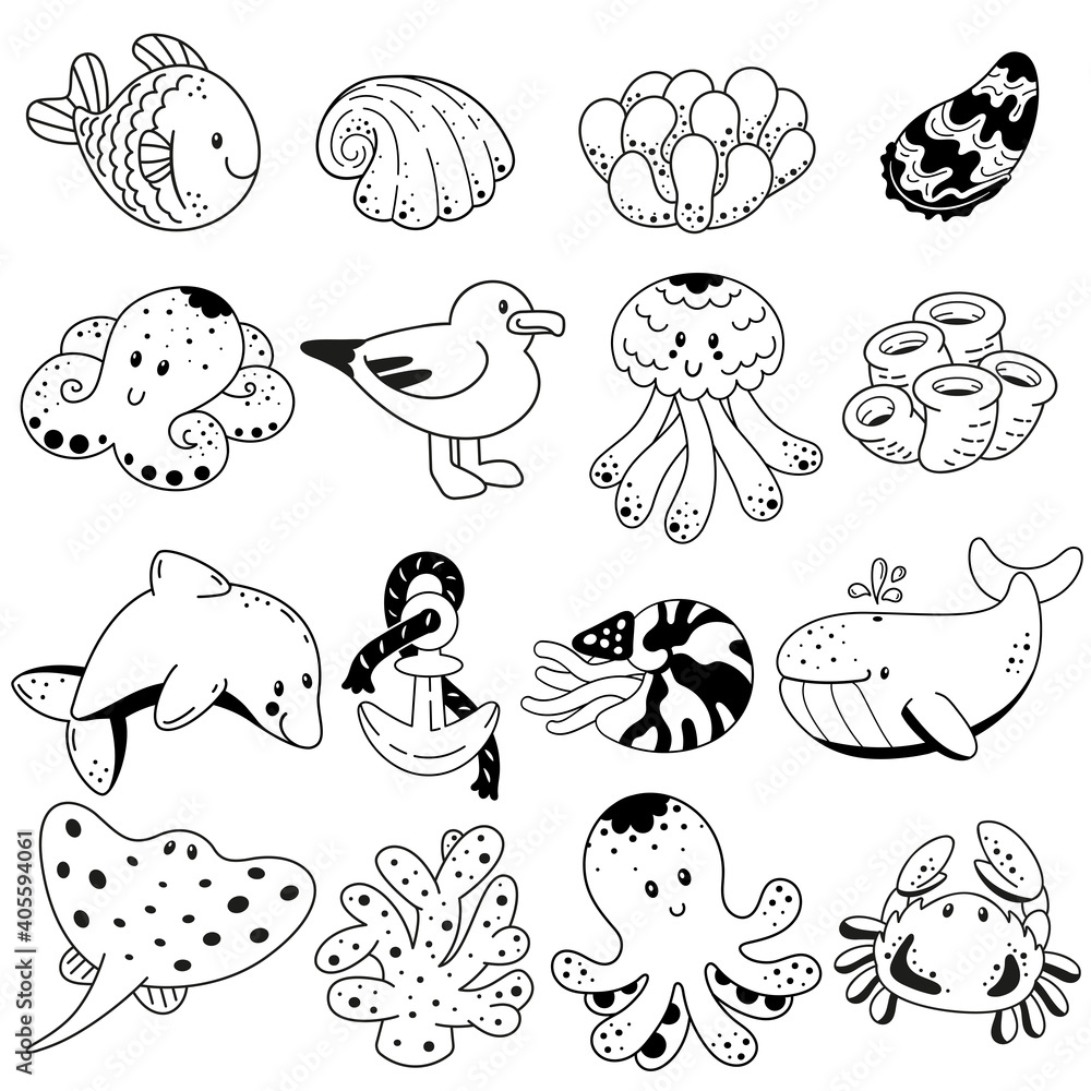 Fototapeta premium Set sea animals and corals in black and white.