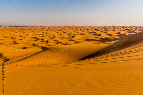 A view across the Seif dunes in the Arabian red desert at Hatta near Dubai, UAE in springtime photo