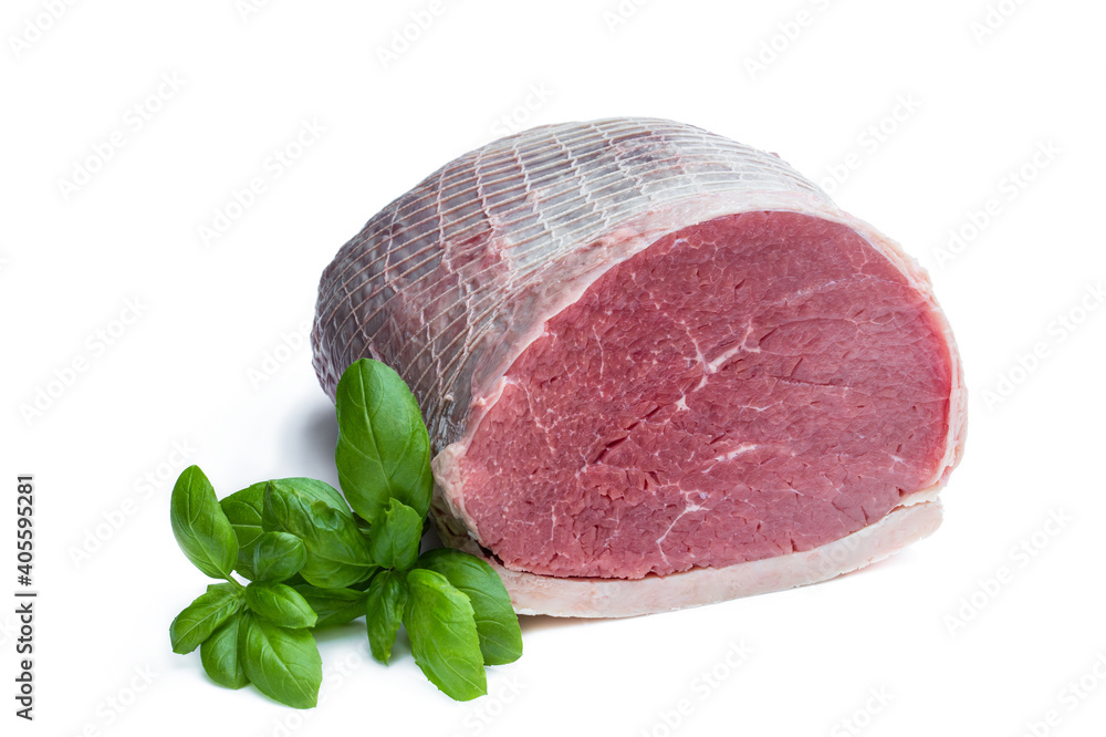 Netted raw meat piece isolated on white background