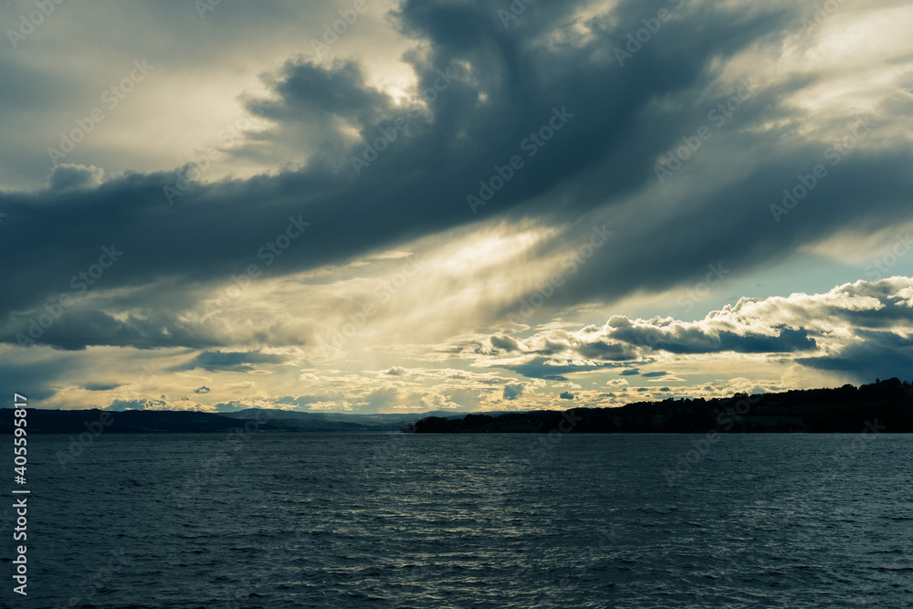 Evening clouds bove Lake Mjøsa toward the town of Gjøvik.