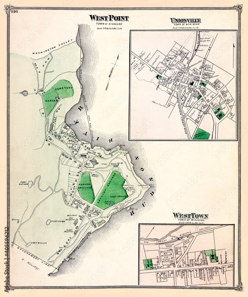 Fototapeta premium West Point and Nearby Town of Minisink 1875 Map. Shows names of property owners, railroads, and other details. 