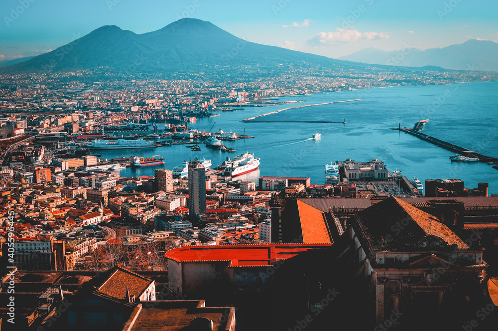 Gulf of Naples at sunset with a view of Vesuvius, panorama seen from Castel Sant'Elmo
