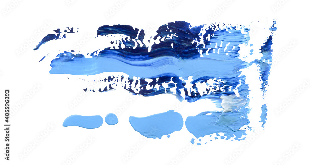 Obraz premium Abstract acrylic blue grunge brush stroke. Graphic design clip art element isolated on white. Trendy hand painted smudge wavy spot. Creative splatter gouache, acrylic element. Abstract texture smear