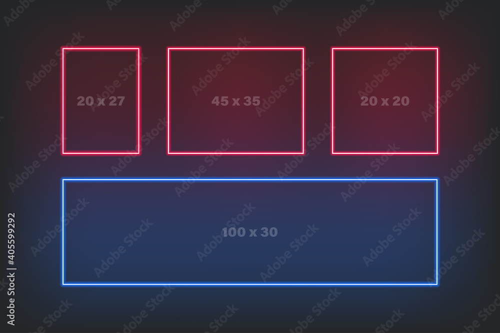 Neon frame rectangle border shiny collection. Led lamp frames shine bright on dark background. Neon frame rectangle border shiny collection. Led lamp frames shine bright on dark background.