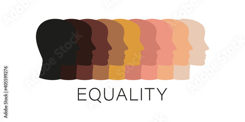 Racial equality different flat human faces. No rasism and discrimination, tolerance concept background. Equal rights justice and unity graphic illustration.