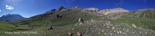 Panoramic shot of mountains, camping in sunny day shot in Quba, Azerbaijan