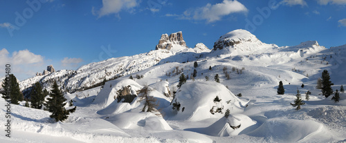 scenic winter landscape at Passo Falzarego near Cortina d'Ampezzo. From left to right, Cinque Torri group, Averau and Col Gallina mountain group. Dolomites in Veneto. Italy. photo