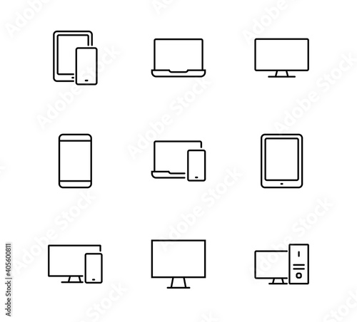 The set of icons for gadgets of electronic devices and communications contains Icons for Computer, Tablet, Phone, TV, Monitor, Laptop. Editable stroke. Vector thin icons
