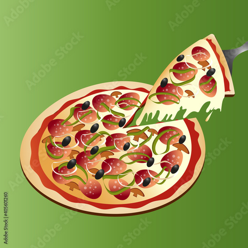 Vector menu or banner fastfood. Illustration pizza with sausages, mushrooms, bell pepper, onion, olives and cheese vector on green background in cartoon style. Homemade, restaurant food, ingredients.