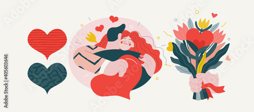 Embracing couple - Valentines day graphics. Modern flat vector concept illustration - a young hetoresexual couple hugging. Woman holds a big heart and flower. Cute characters in love concept