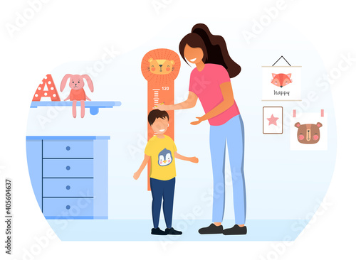 Female character is measuring child s height. Little kid standing near measurement wall. Concept of kindergarden. Flat cartoon vector illustration