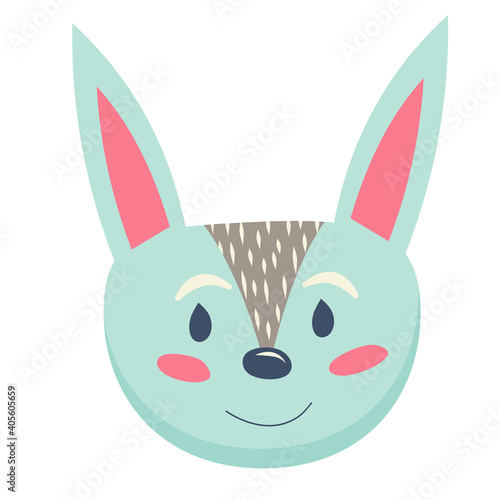 Scandinavian hugge cute animals, rabbit, hare head isolated on white background. Vector illustration in simple Scandinavian style for kids, handdrawn free flat style in pastel colors