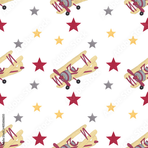 Watercolor seamless pattern with yellow retro airplane and stars for boy in vintage style for fabrics  paper  textile  gift wrap isolated on white background. Retro toys