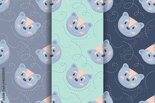 Fototapeta Naklejka Na Ścianę i Meble -  Set of seamless pattern with cartoon bears in Scandinavian hug style, on multi colored backgrounds. Colorful vector illustrations for kids. hand drawing. childrens design for fabric, print, textiles